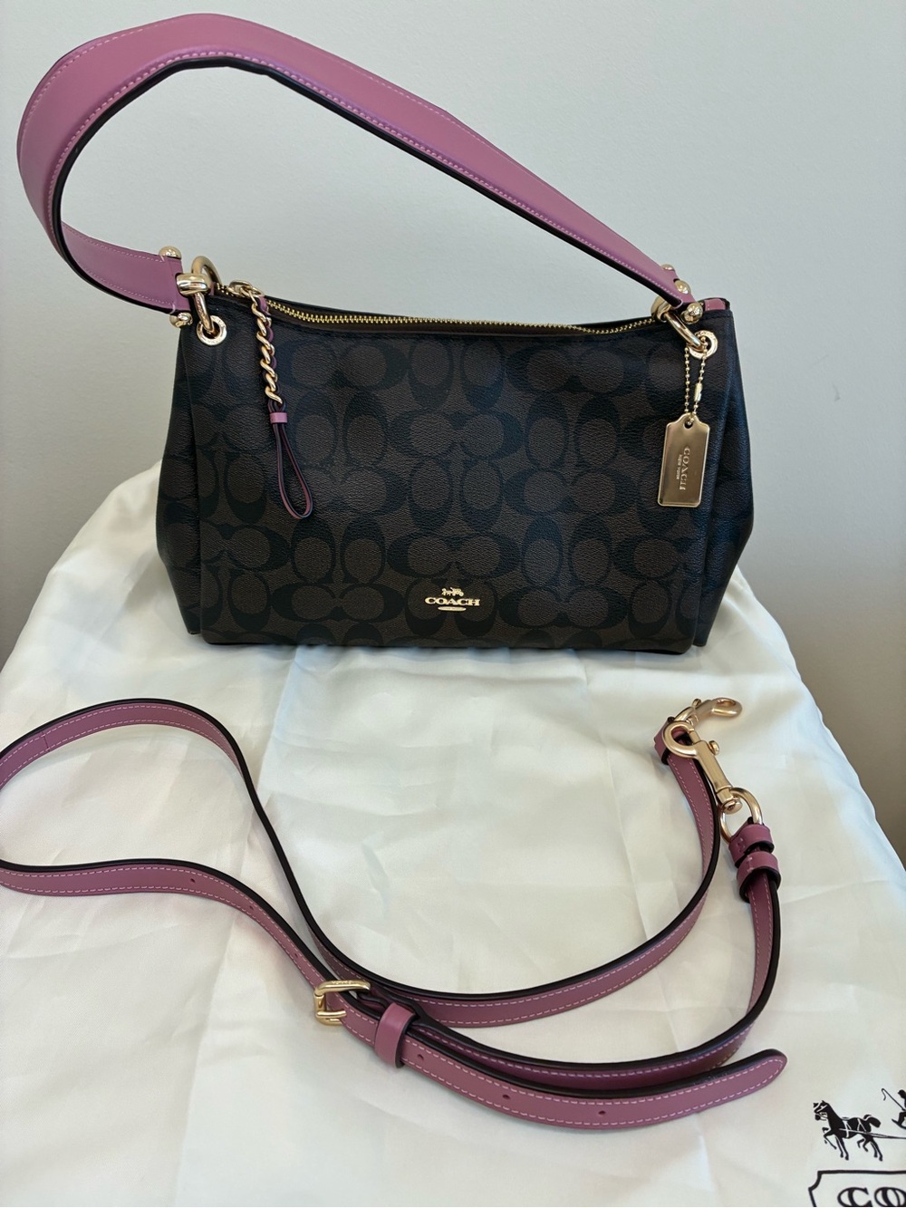 Coach Signature Canvas Shoulder Bag in Brown with Pink Trim